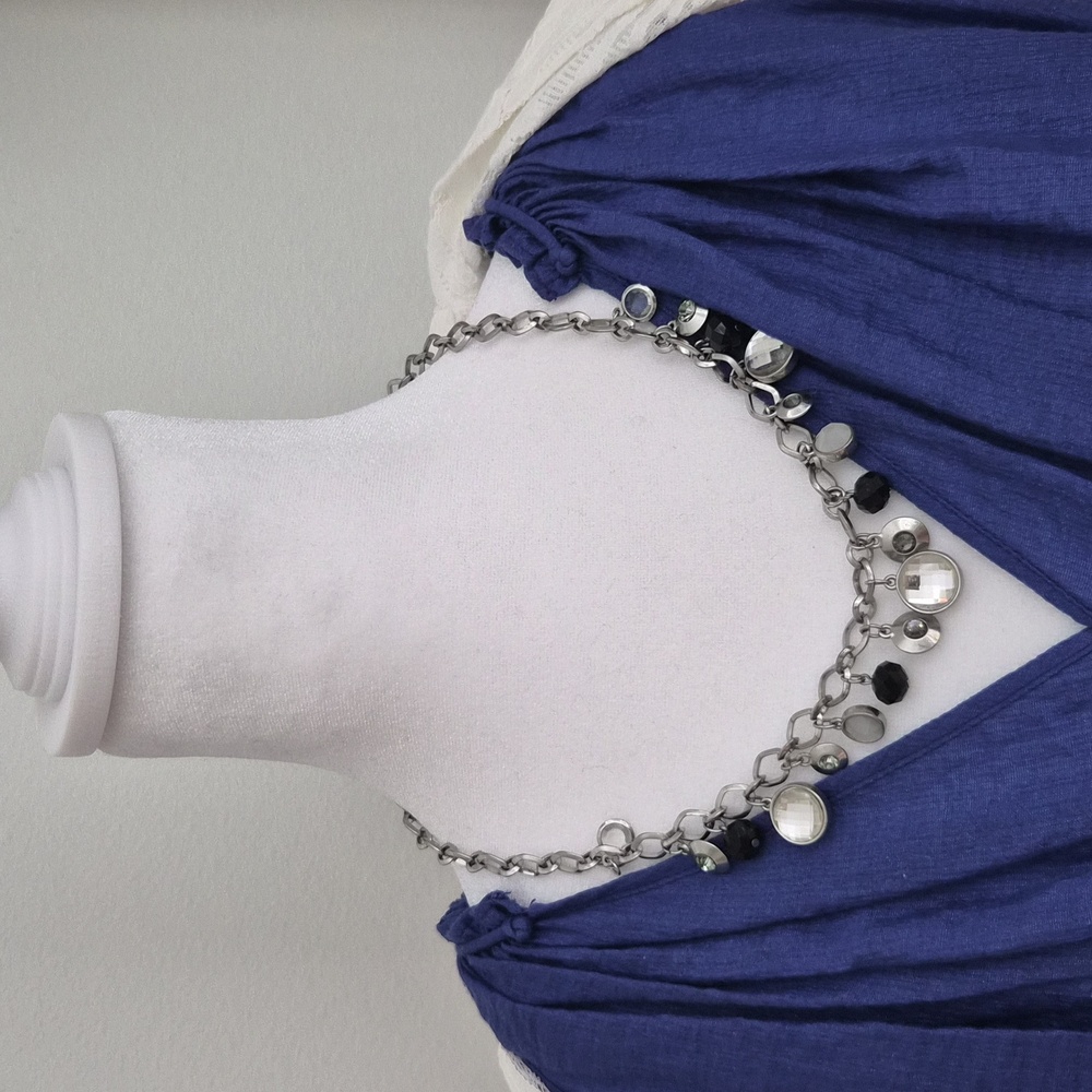White House Black Market Silver Tone Charm Necklace with Black & Clear Crystal